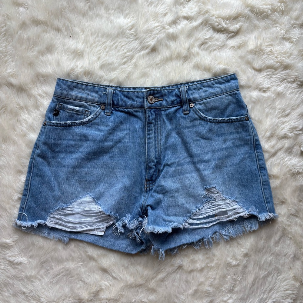 KanCan Medium Washed Blue Distressed Frayed Hem Jean Shorts Womens Large